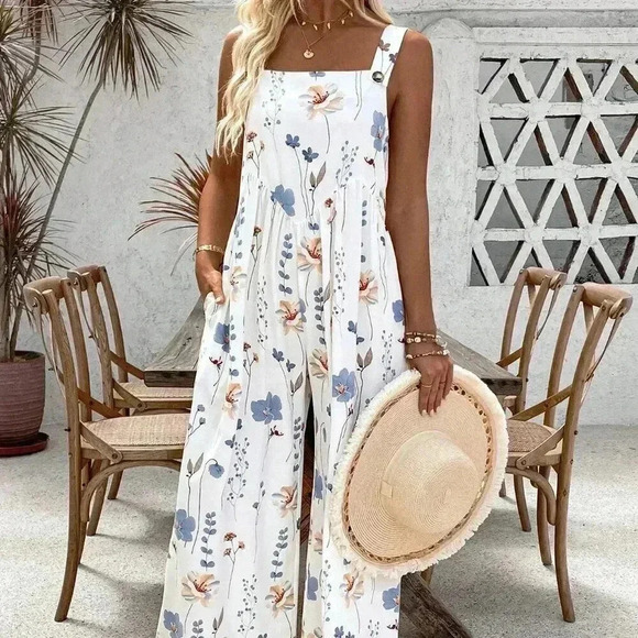 Multicolor White Boho Women's Summer Loose Printed Spaghetti Strap Jumpsuit - Picture 4 of 7